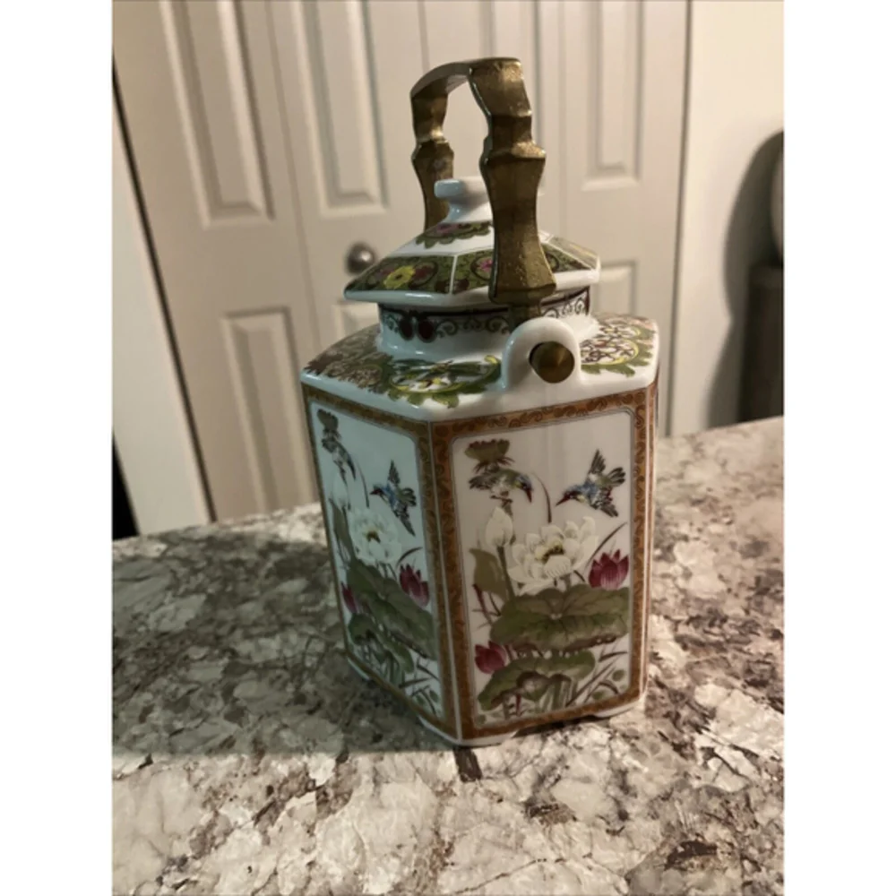 Vintage Japanese‎ Toyo Ming Lotus Hexagon Floral Tea Kettle W/Brass Handle VGUC